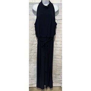VINCE CAMUTO SLEEVELESS HALTER RUFFLE NECK NAVY BLUE BELTED JUMPSUIT 16W